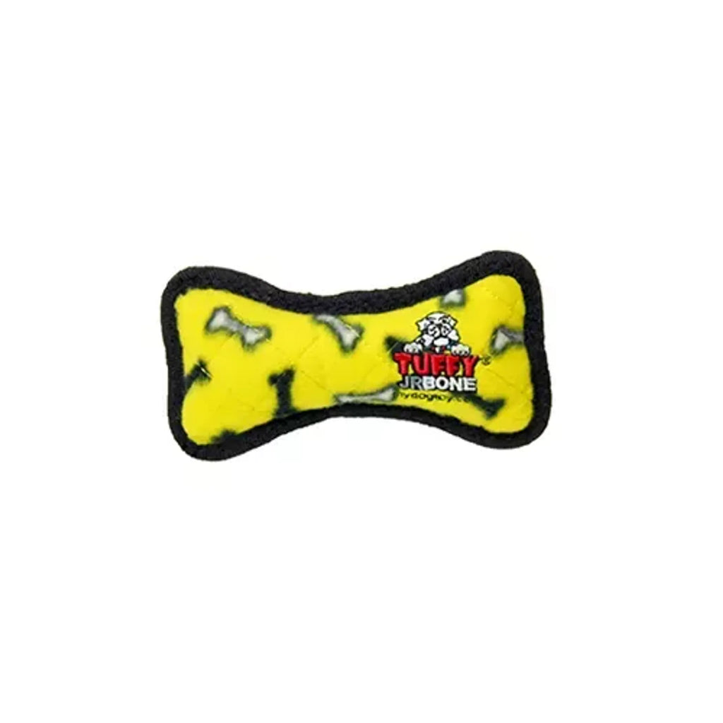 Yellow Tuffy Jr. dog bone toy by VIP Products, durable chew toy designed for dogs to gnaw and play with.