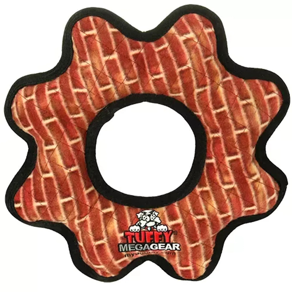 VIP Products Tuffy Mega Gear Ring dog toy made of durable, colorful rubber with gear-shaped design for interactive play.