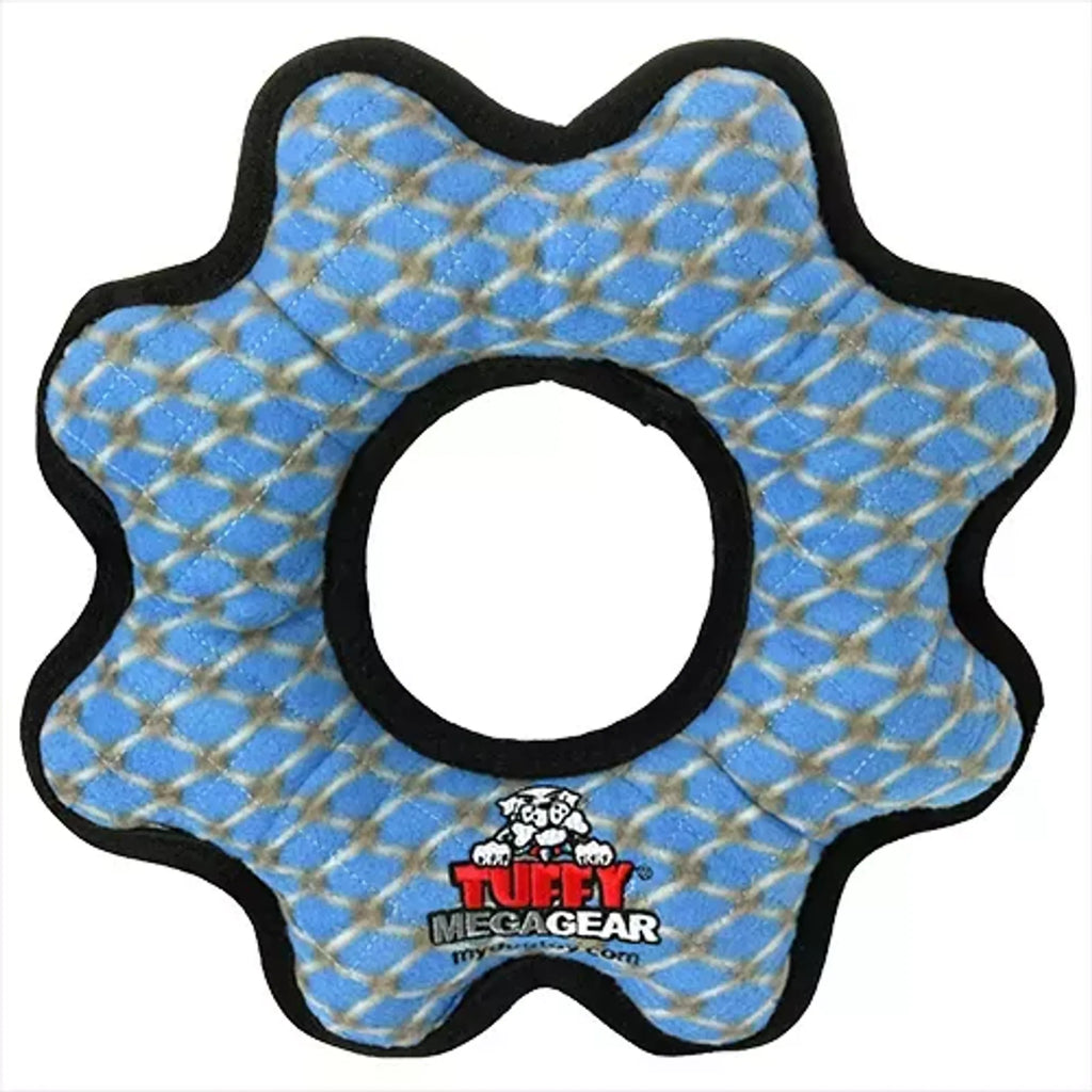 VIP Products Tuffy Mega Gear Ring dog toy made of durable, colorful rubber with interlocking gear design for dogs to chew and play.