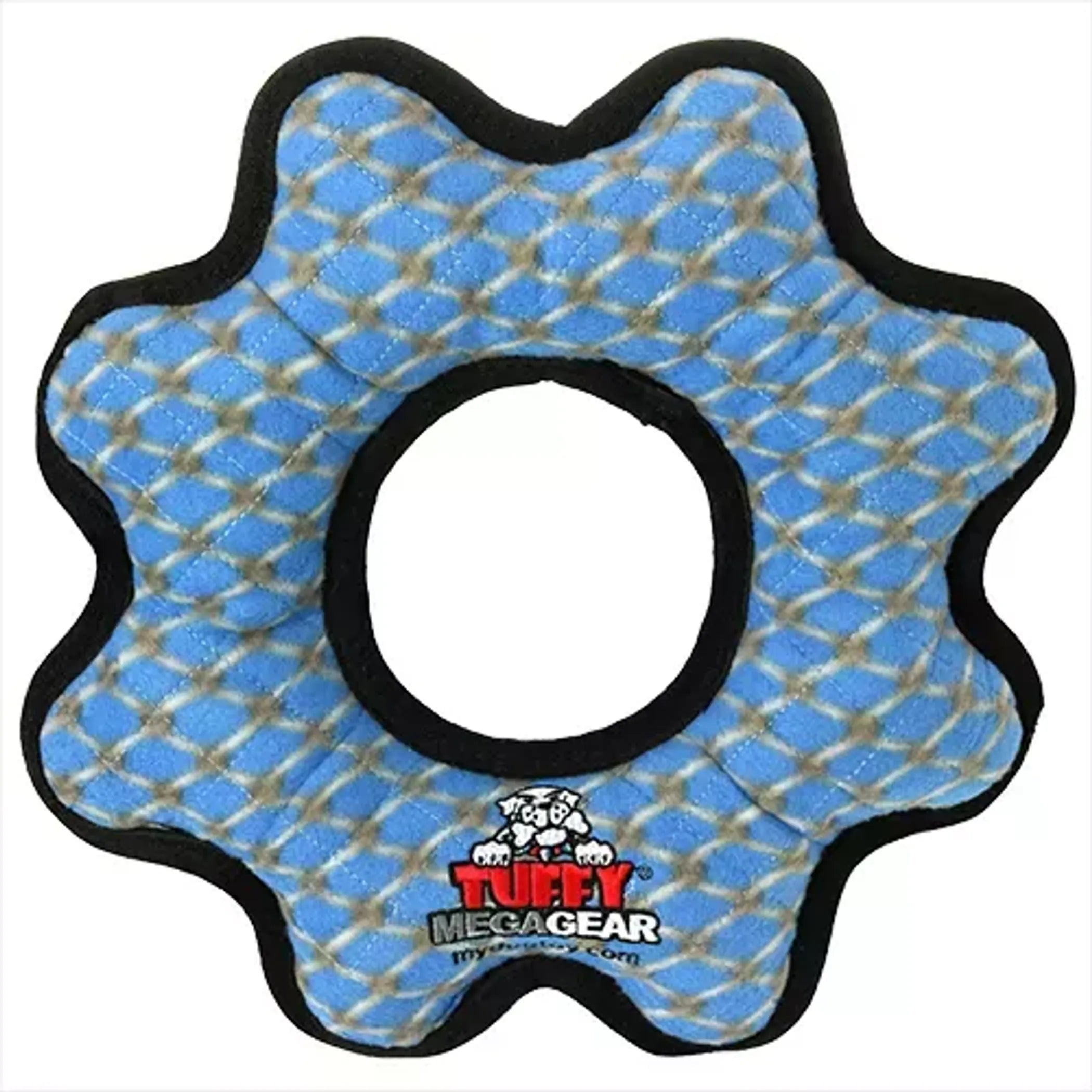 VIP Products Tuffy Mega Gear Ring dog toy made of durable, colorful rubber with interlocking gear design for dogs to chew and play.