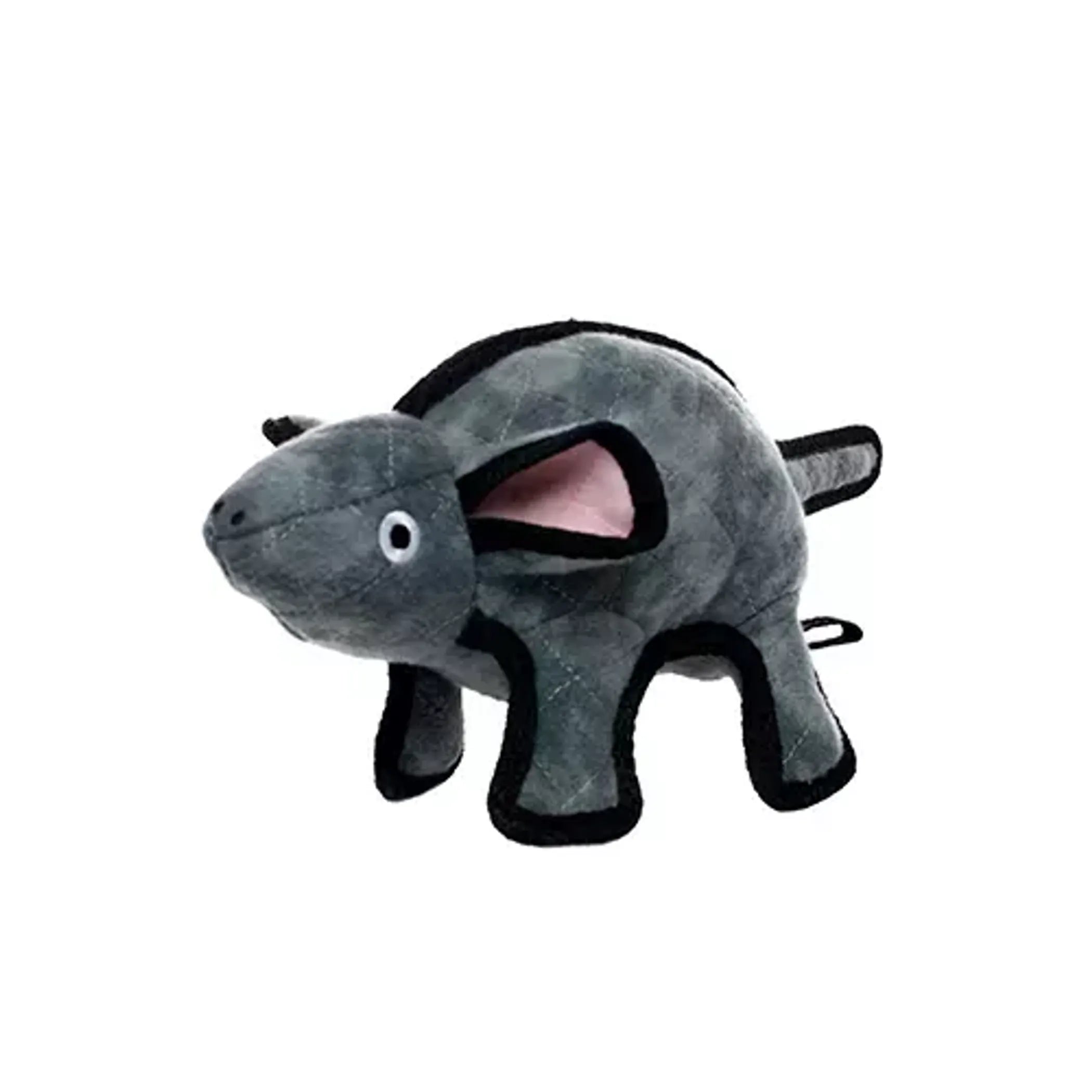 Gray Tuffy Barnyard Mouse dog toy by VIP Products, made of durable plush, designed for interactive play with dogs.