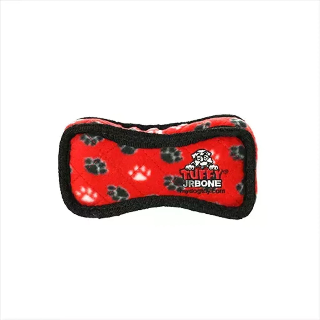 Red Tuffy Jr Bone2 dog toy by VIP Products, durable chew toy for dogs with a red paw design, perfect for playful chewing.