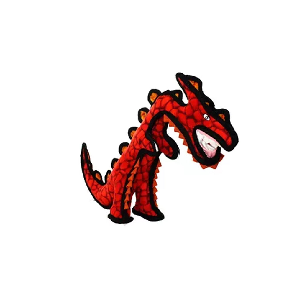 Tuffy Jr Dinosaur dog toy from VIP Products, soft plush with embroidered features, designed for durable play and tugging.