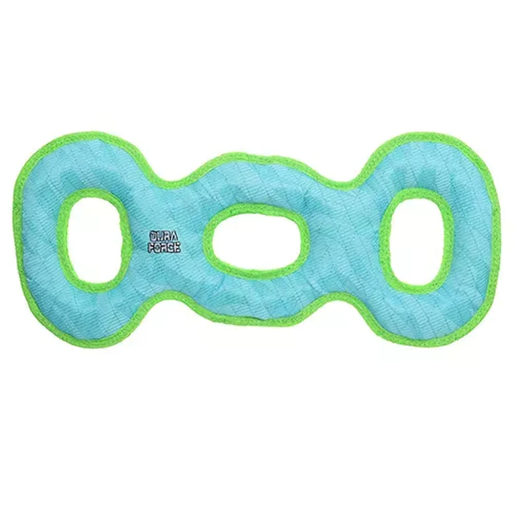 VIP Products DuraForce 3WayTug Tiger dog toy in blue and green, durable rubber and rope for interactive play and tugging.