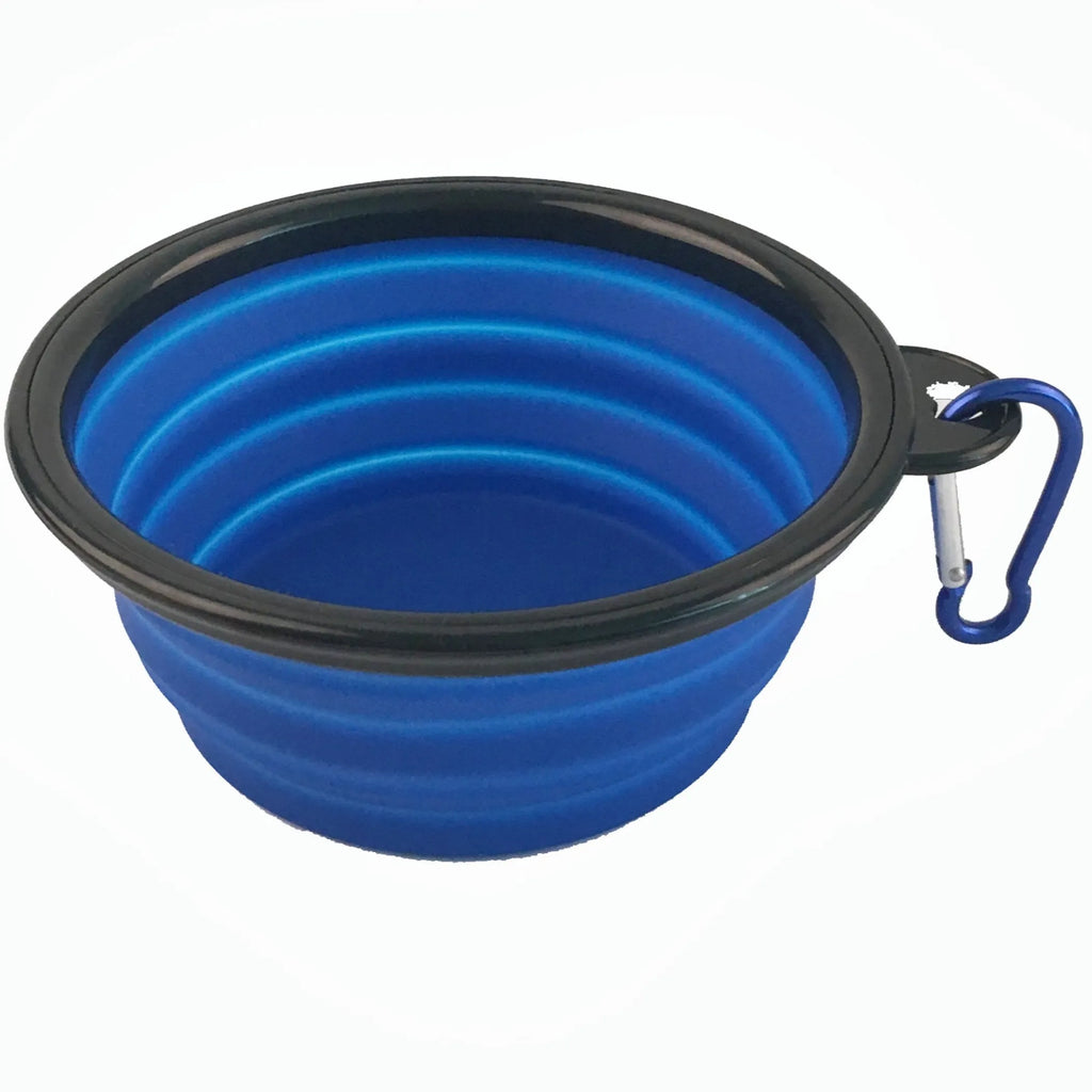 Blue silicone collapsible travel bowl for dogs and cats by Mr. Peanut's Premium Products, showing a compact, portable design for pets.