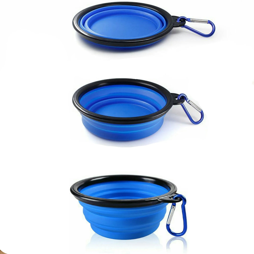 Blue silicone collapsible travel bowl for dogs and cats, by Mr. Peanut's Premium Products, ideal for food and water on the go.