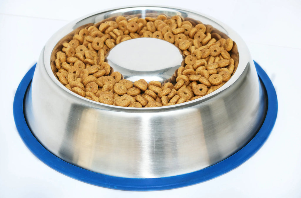 Mr. Peanut's Slow Feed Anti Bloat Dog Bowl with silicone base, designed to prevent choking and promote healthy eating for pets.