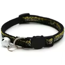Colorful adjustable cat collar with bell from Brandywines Time, shown on a pet cat in a close-up image.