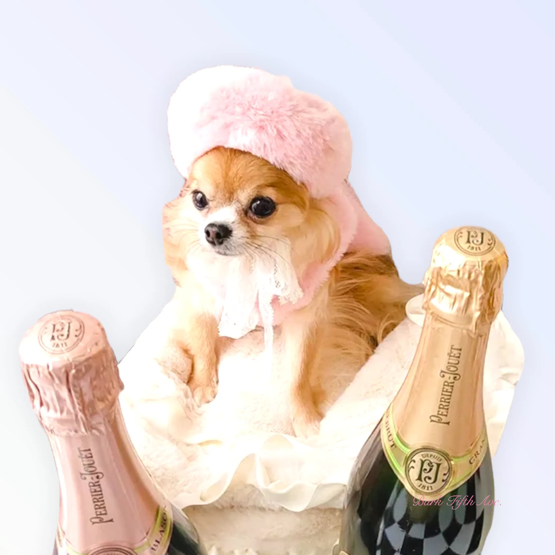 Cute pet costume featuring a furry beret hat for cats and small dogs, branded by Bark Fifth Avenue.