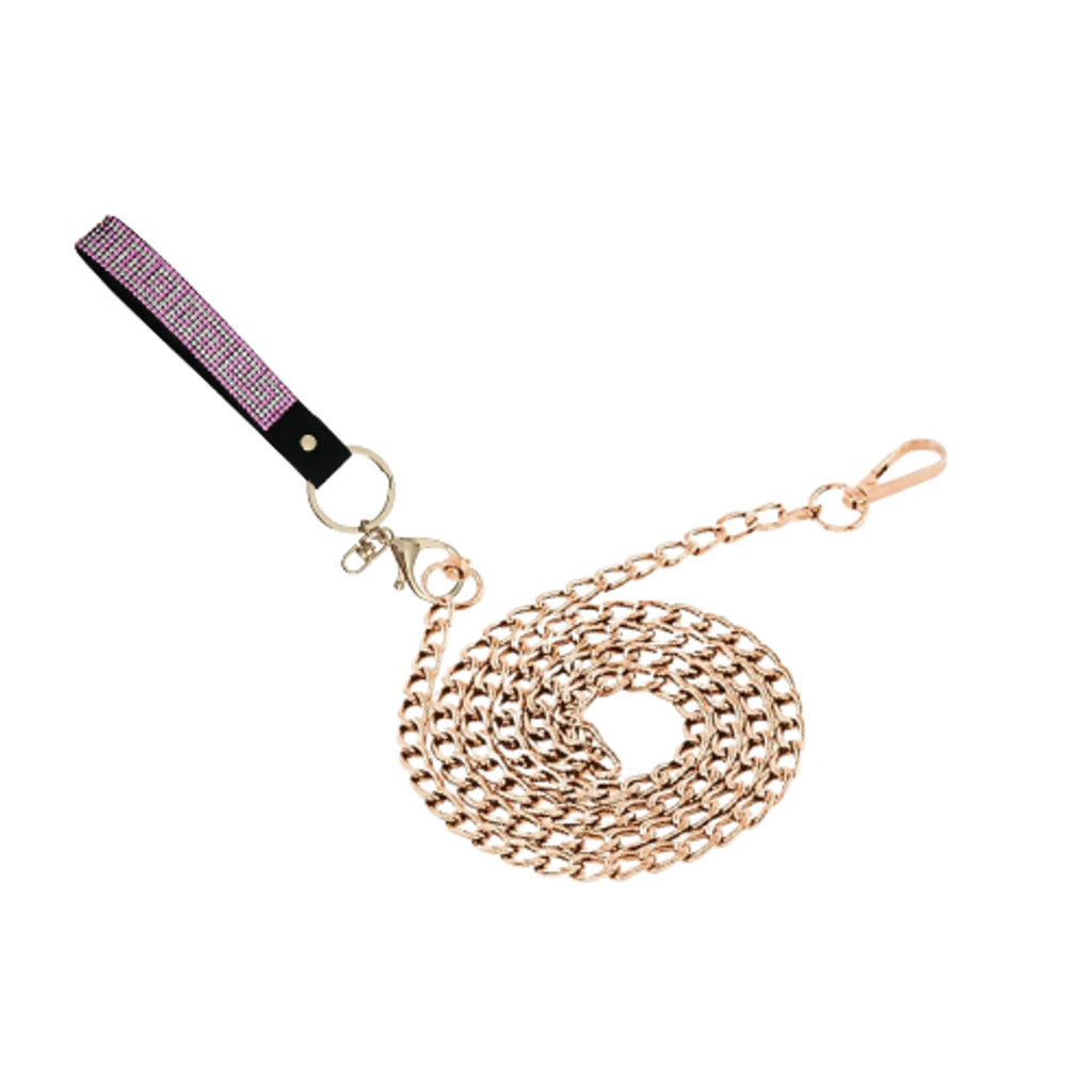 Pink rhinestone and gold metal dog leash by Bark Fifth Avenue, showcasing a stylish and durable design for pet walking.