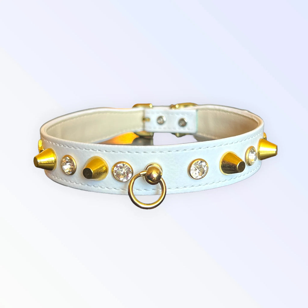 Dog collar with studded design from Bark Fifth Avenue's Popstar Studded Collar collection, featuring a stylish black leather look.