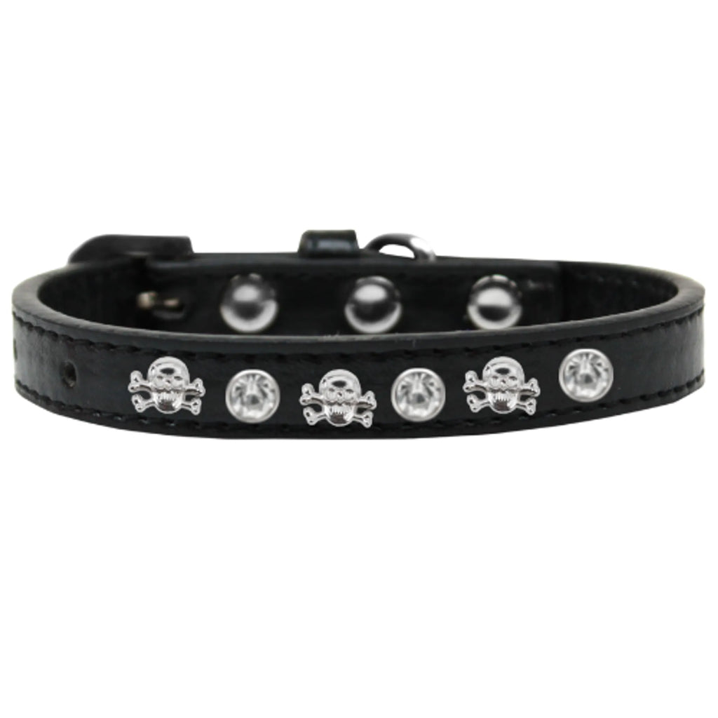 Dog collar with skull studs from Bark Fifth Avenue, black leather with metal skull embellishments and adjustable buckle.