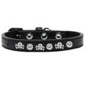 Dog collar with skull studs from Bark Fifth Avenue, black leather with metal skull embellishments and adjustable buckle.