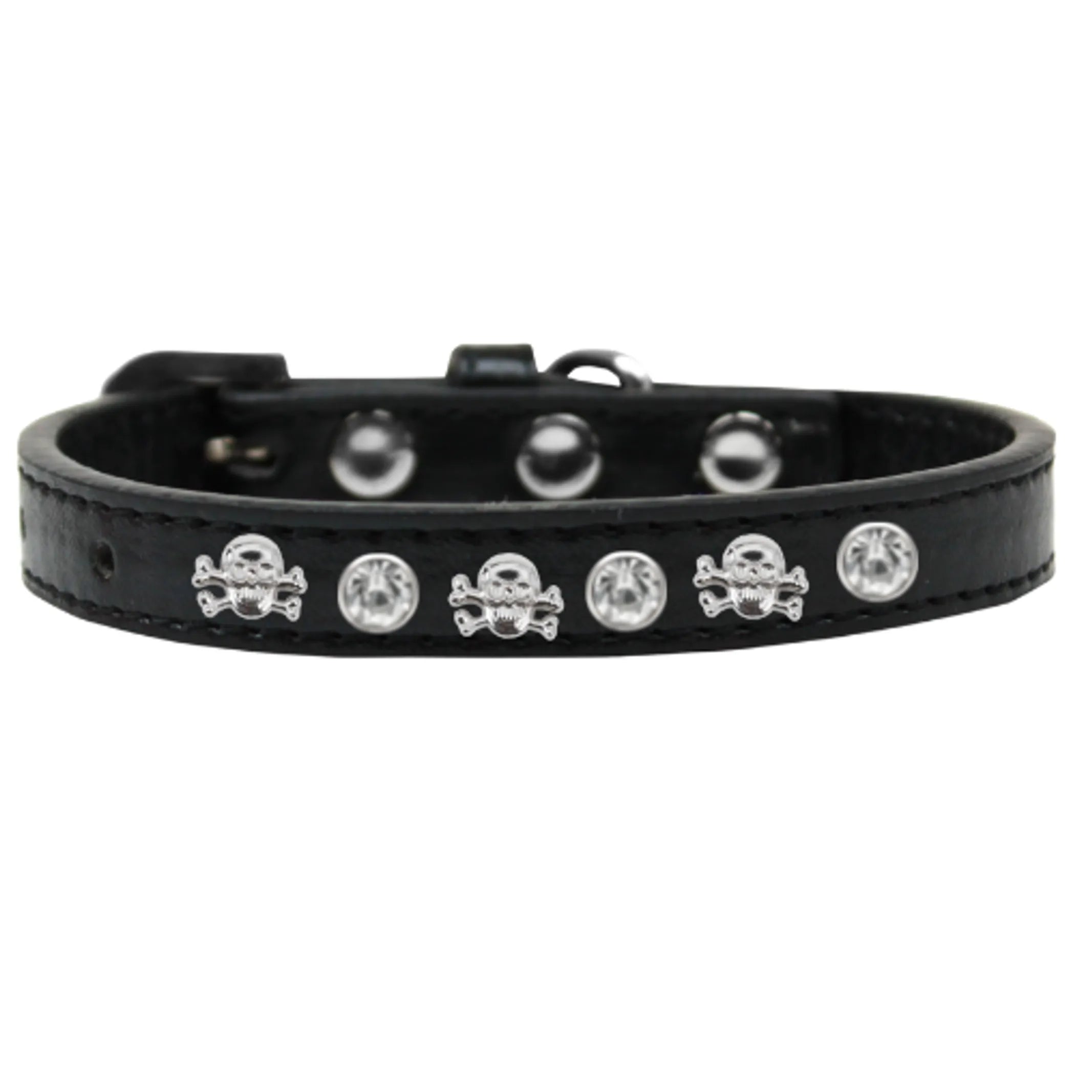 Dog collar with skull studs from Bark Fifth Avenue, featuring black leather and silver hardware, styled for a bold look.