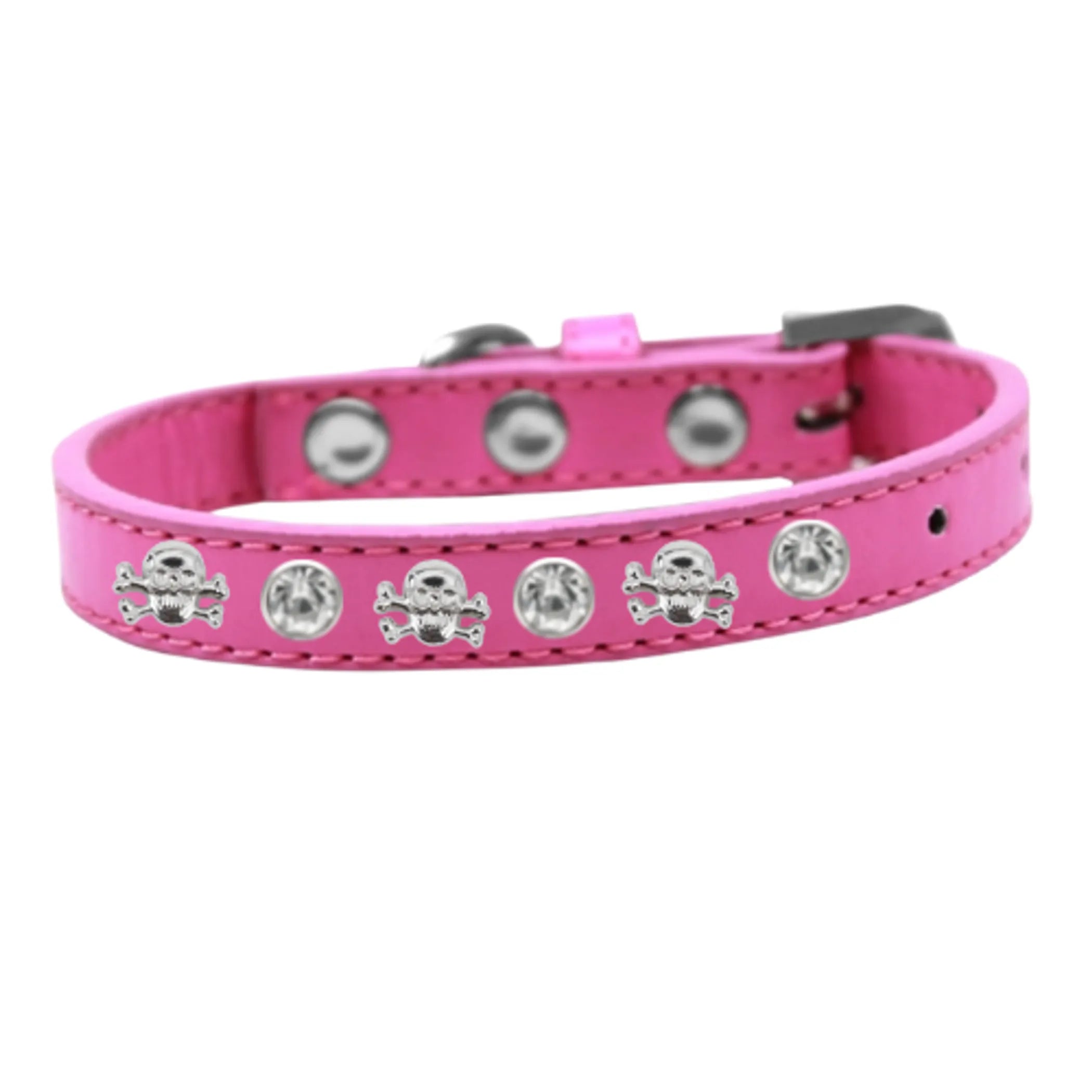 Dog collar with skull and studded design from Bark Fifth Avenue, featuring a black leather strap and metal stud accents.