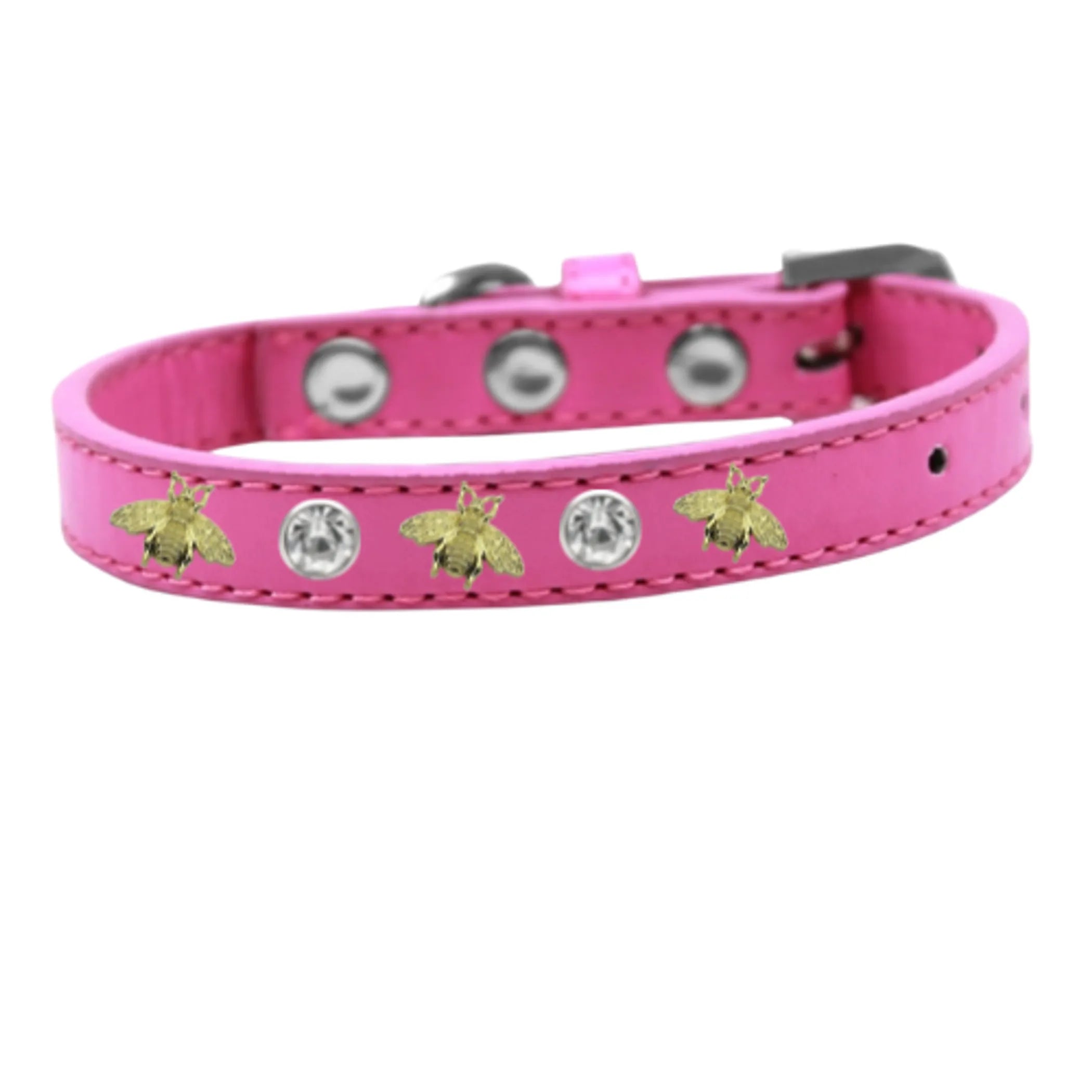 Dog collar with studded bee design from Bark Fifth Avenue, featuring black leather material and metal stud embellishments.