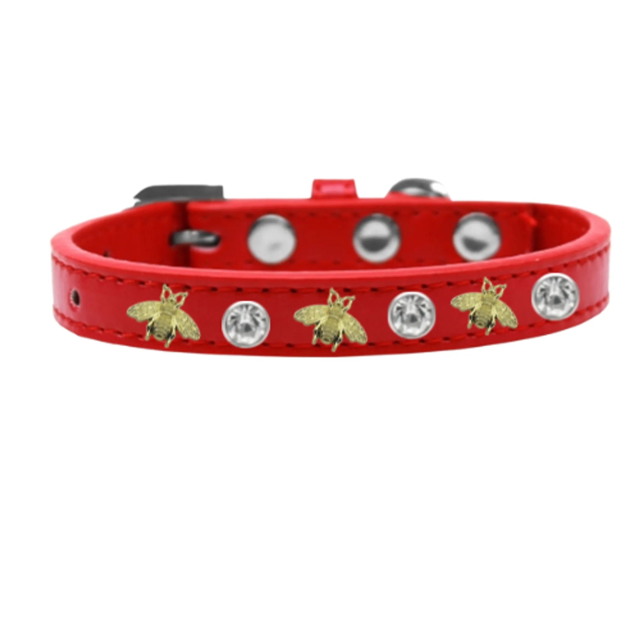 Dog collar with studded bee design by Bark Fifth Avenue, featuring black leather with metallic studs and bee embellishments.