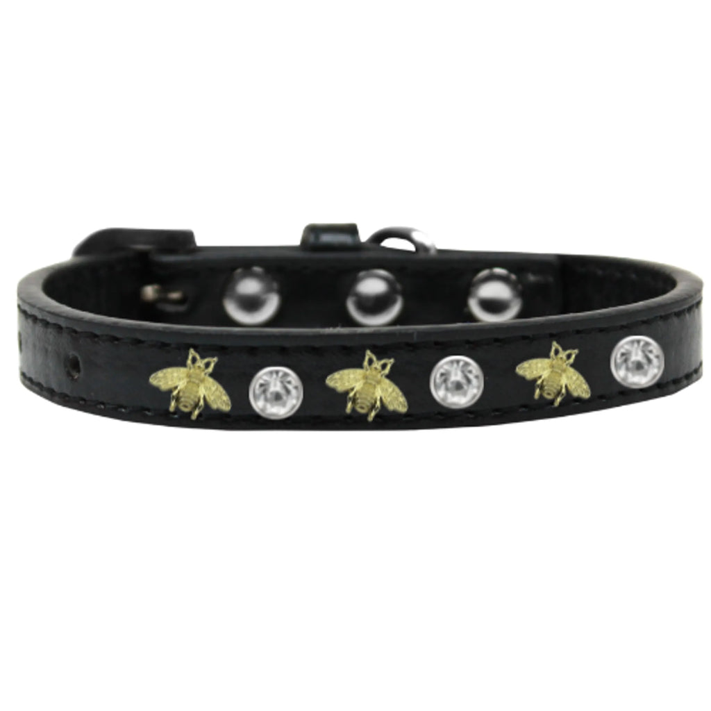 Dog collar with studded bee design from Bark Fifth Avenue, featuring black leather with gold-tone studs and bee embellishments.