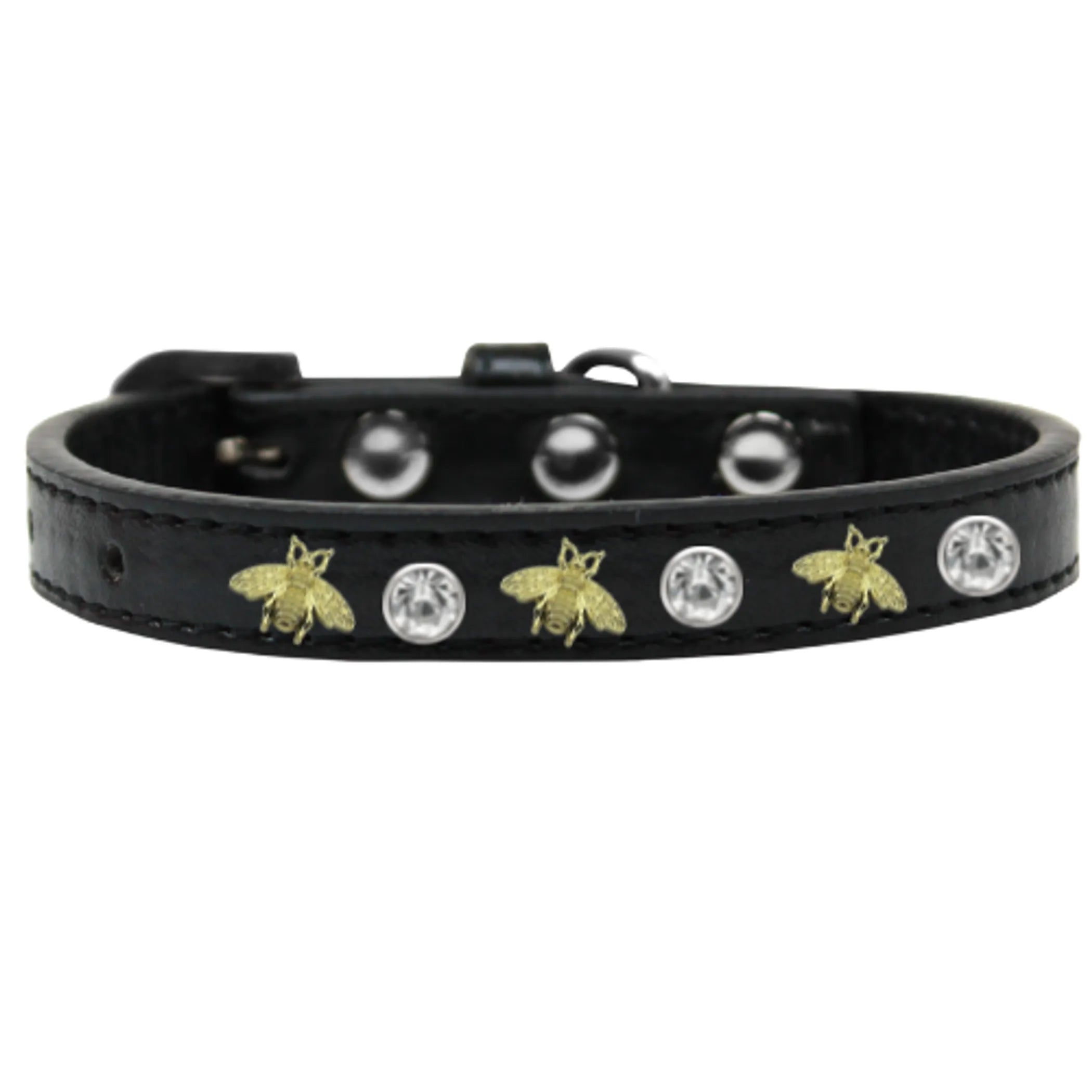 Dog collar with studded bee design from Bark Fifth Avenue, featuring black leather with gold-tone studs and bee embellishments.