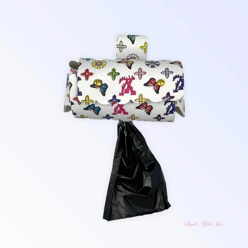 Bark Fifth Avenue Summer Butterfly Pickup Bag Holder for waste bags, featuring colorful butterfly design, ideal for pet waste disposal.