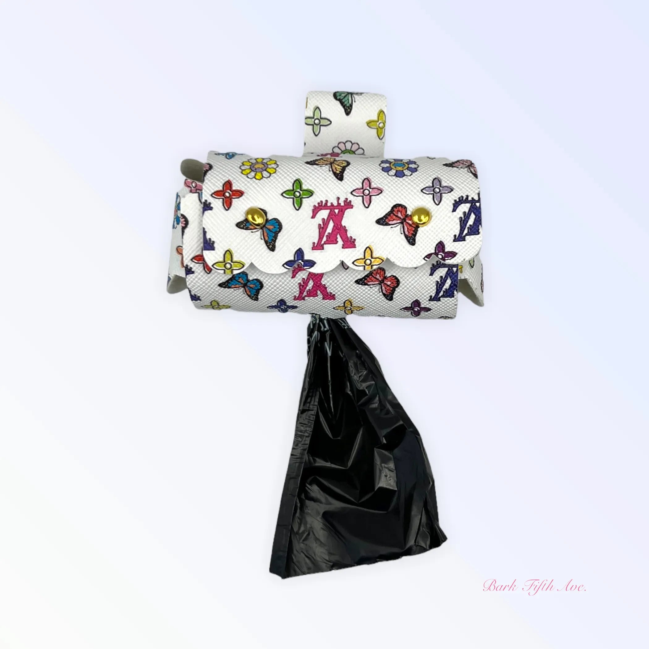 Bark Fifth Avenue Summer Butterfly Pickup Bag Holder for waste bags, featuring colorful butterfly design, ideal for pet waste disposal.