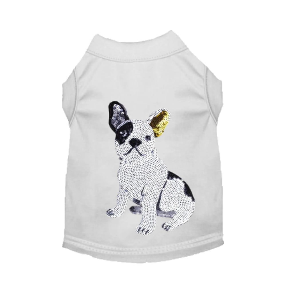Frenchie sequin dog tee by Bark Fifth Avenue, stylish pet apparel for small dogs, featuring shiny sequin details.