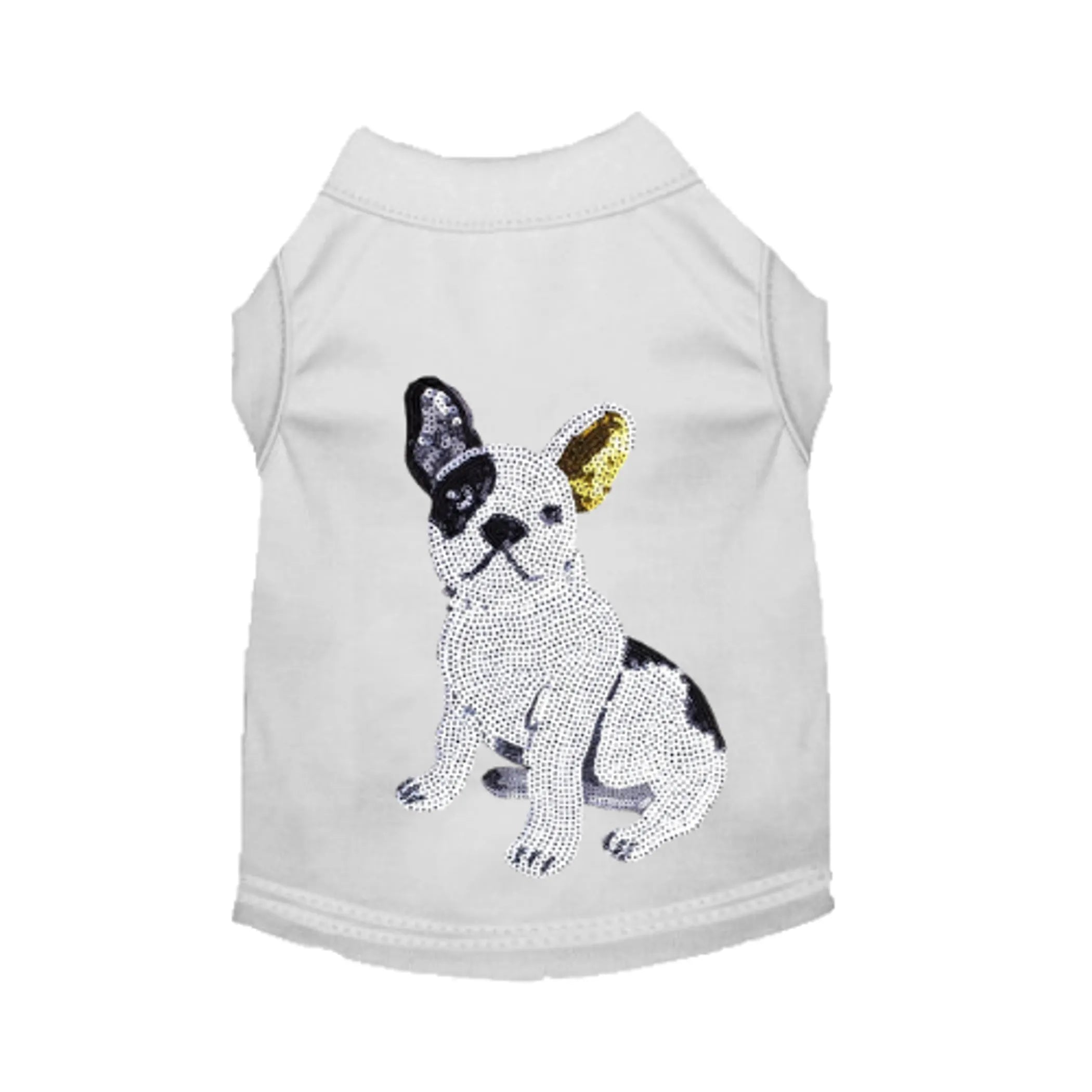 Bark Fifth Avenue Frenchie Sequin Tee for stylish dogs, featuring shiny sequins and comfortable pet apparel for dogs.