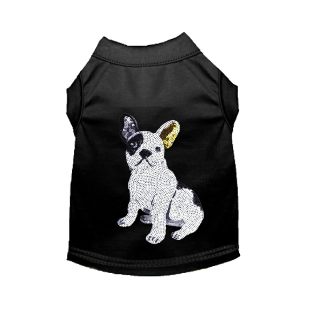 Dog wearing Bark Fifth Avenue Frenchie Sequin Tee, stylish pet apparel for fashionable dogs, in a close-up shot.