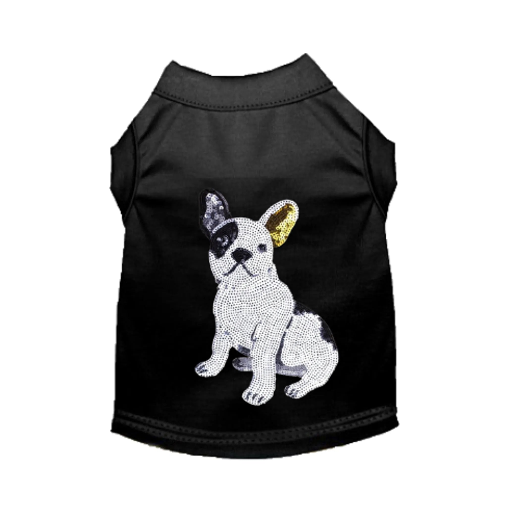Dog wearing Bark Fifth Avenue Frenchie Sequin Tee, stylish pet apparel for fashionable dogs, in a close-up shot.