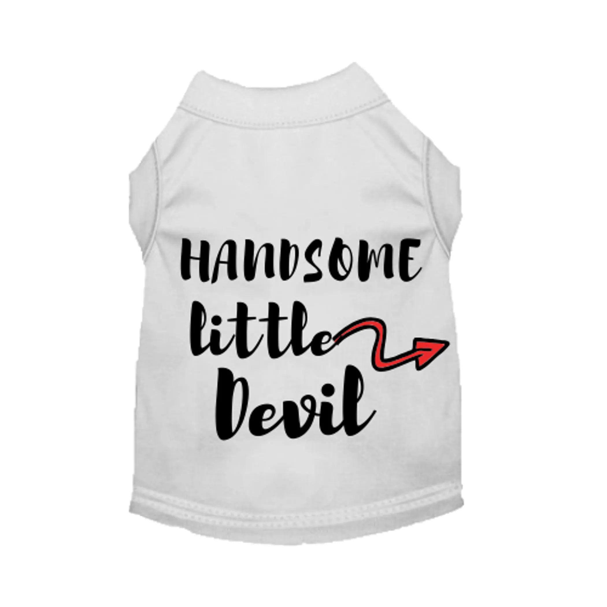 Dog wearing Bark Fifth Avenue Handsome Little Devil dog shirt, stylish pet clothing with devil-themed design.