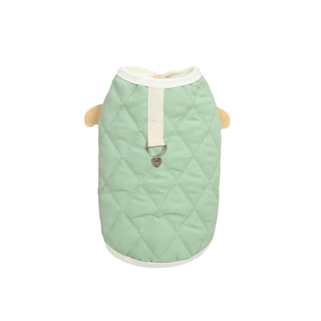 Dog wearing Bark Fifth Avenue Quilted Sniffany Puff Vest, stylish dog coat with quilted design for warmth and comfort.