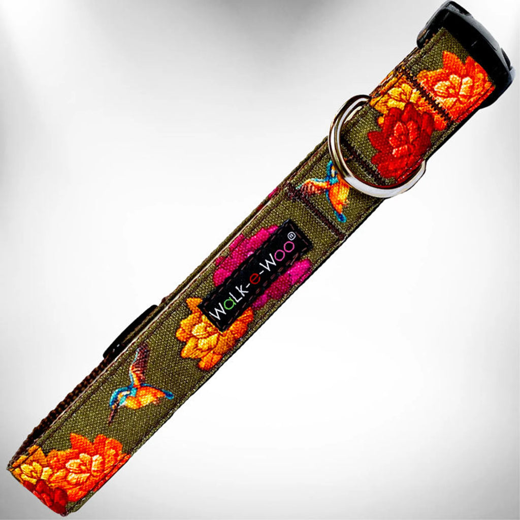 Walk-e-Woo Nature-Lover dog collar featuring a vibrant, nature-inspired pattern on a durable fabric collar for dogs.