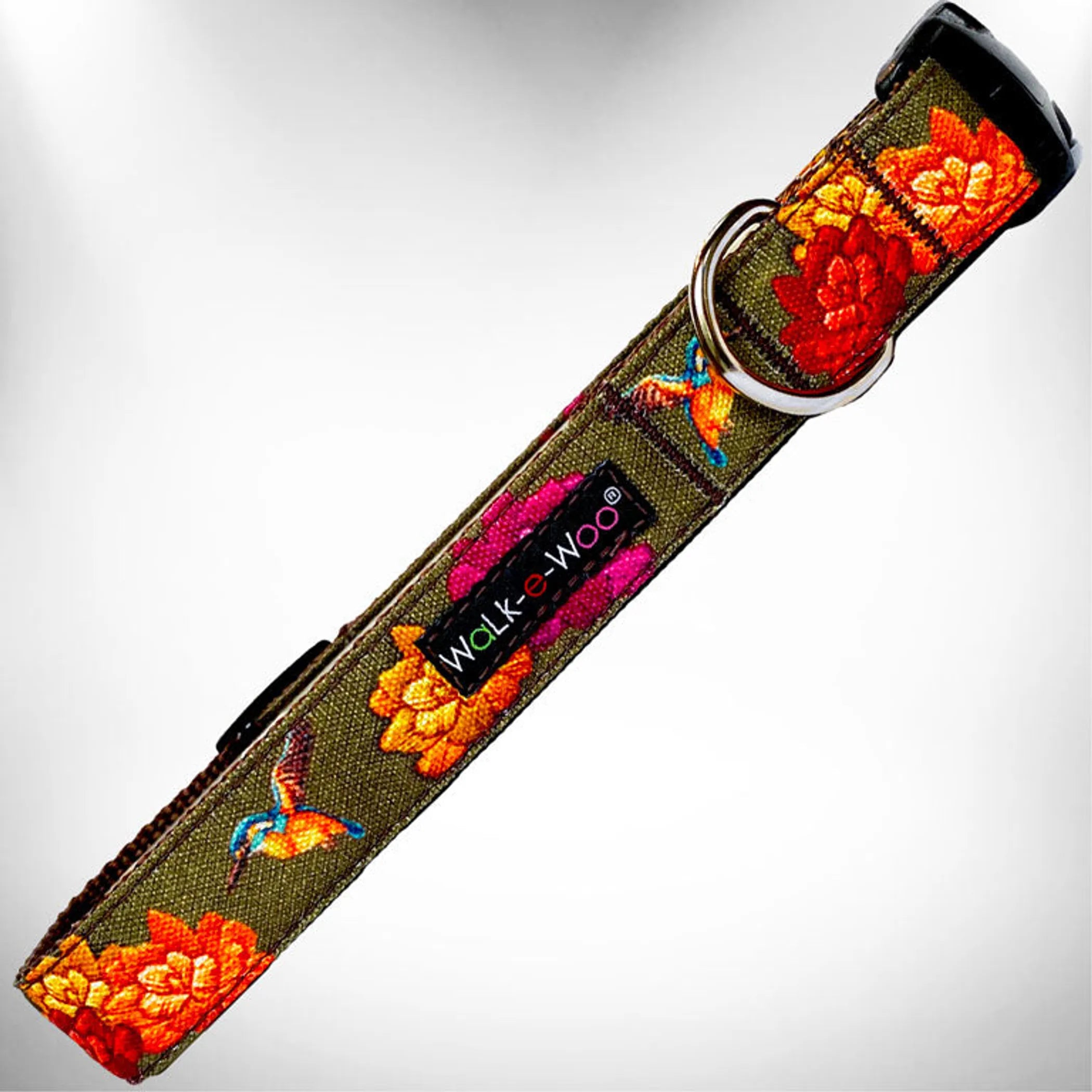 Walk-e-Woo Nature-Lover dog collar featuring colorful nature-inspired patterns on durable fabric for dogs.
