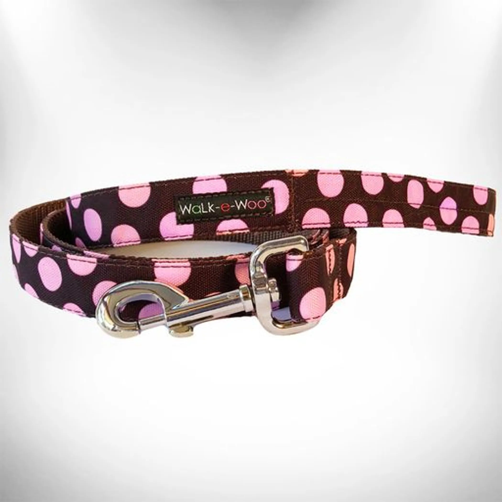 Walk-e-Woo polka dot dog collar with matching lead, durable nylon material, black and white spotted pattern for stylish pet walking.