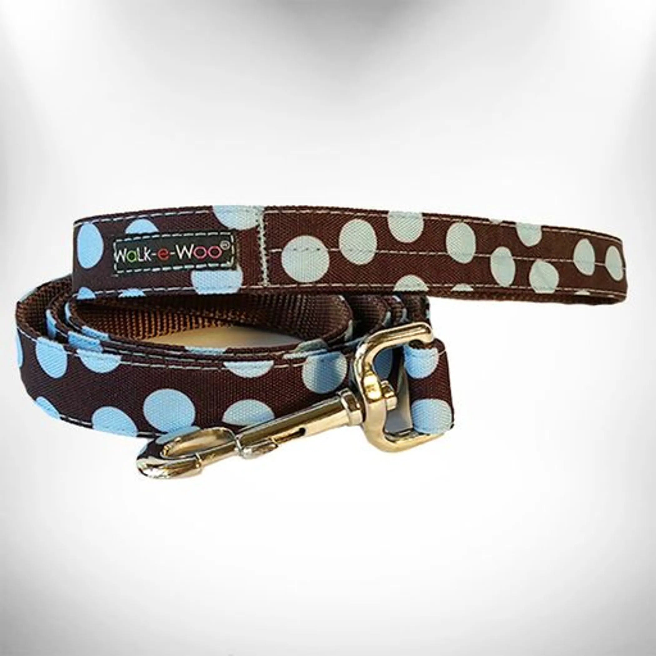 Walk-e-Woo polka dot dog collar with adjustable strap and metal buckle, featuring a playful polka dot pattern for small to medium dogs.