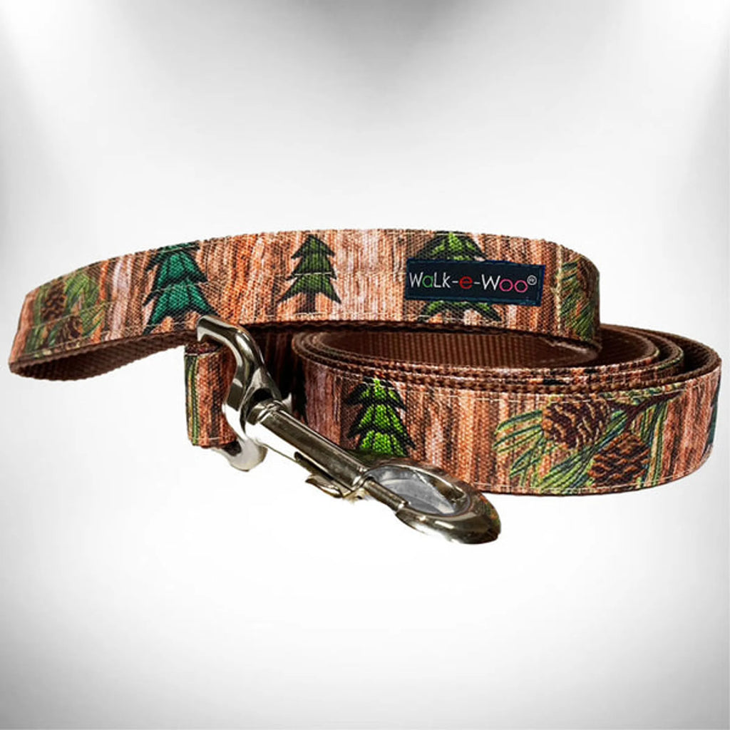 Walk-e-Woo Nature-Lover Dog Collar featuring a green and brown leaf pattern on a comfortable nylon strap.