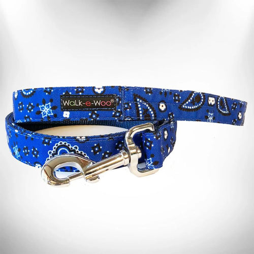 Walk-e-Woo bandana dog lead showing a colorful fabric leash with a tied bandana for stylish pet walking accessories.
