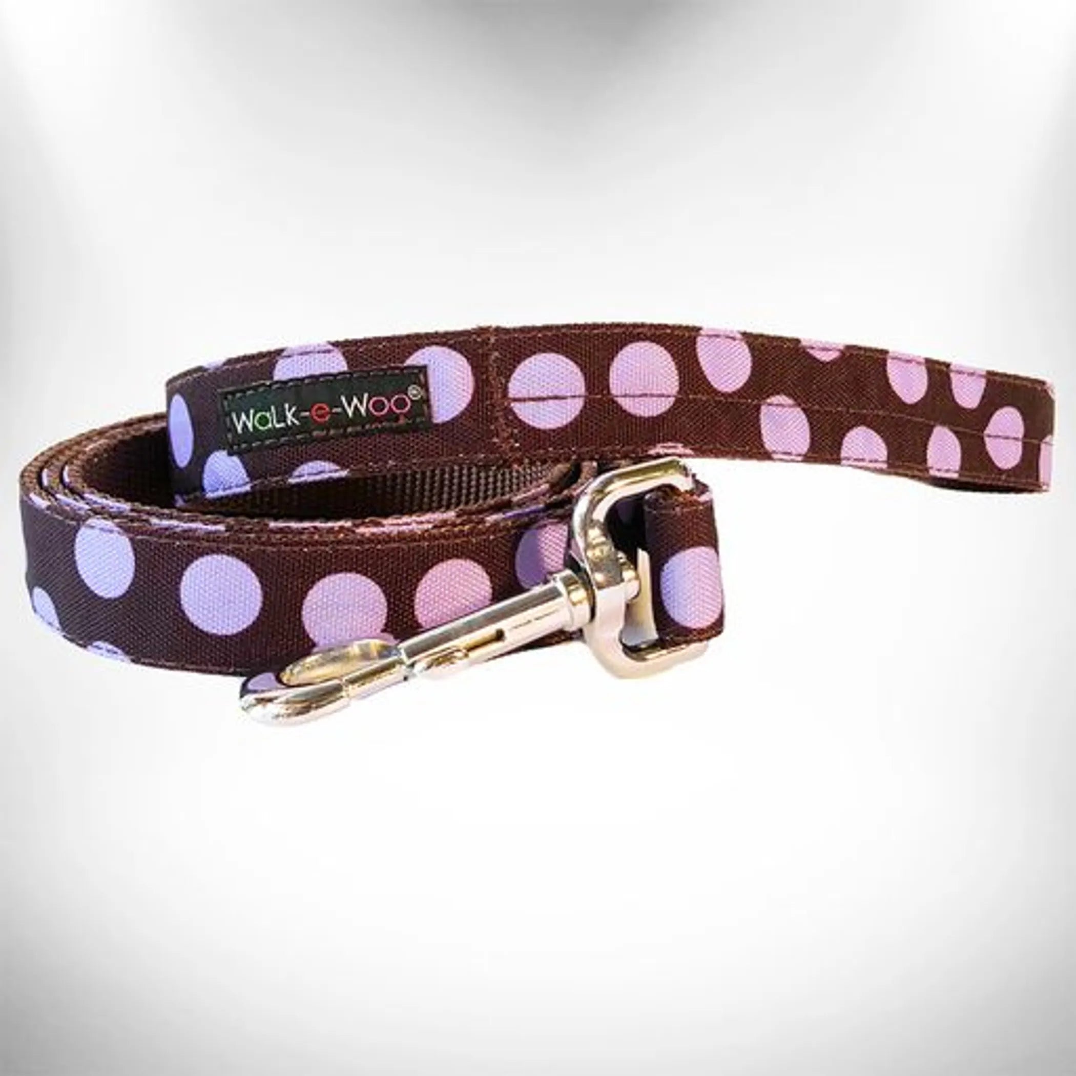Walk-e-Woo polka dot dog lead showing a colorful fabric leash with white polka dots for small to medium dogs.