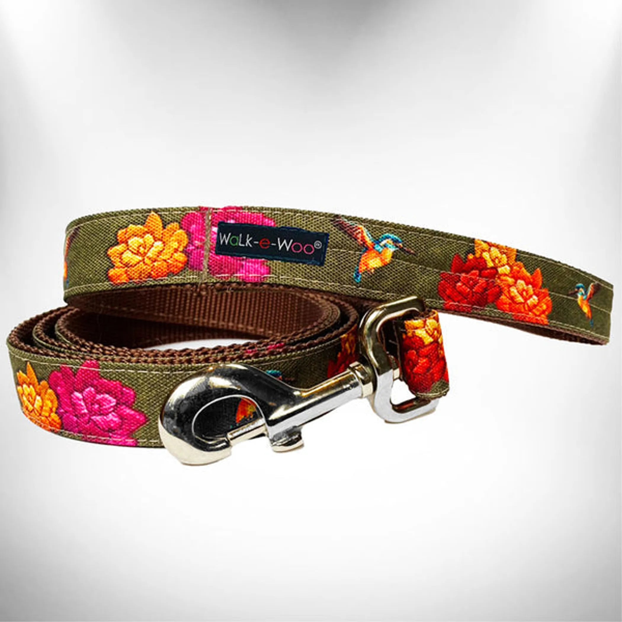 Walk-e-Woo Nature-Lover dog collar featuring a green and brown nature-inspired pattern on durable nylon.