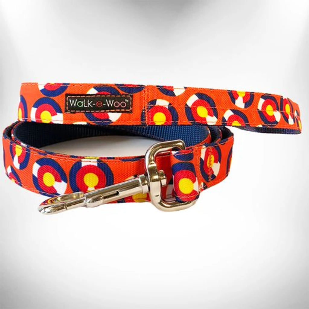 Walk-e-Woo Colorado and Texas Dog Leads, durable nylon leashes with vibrant patterns for walking dogs outdoors.