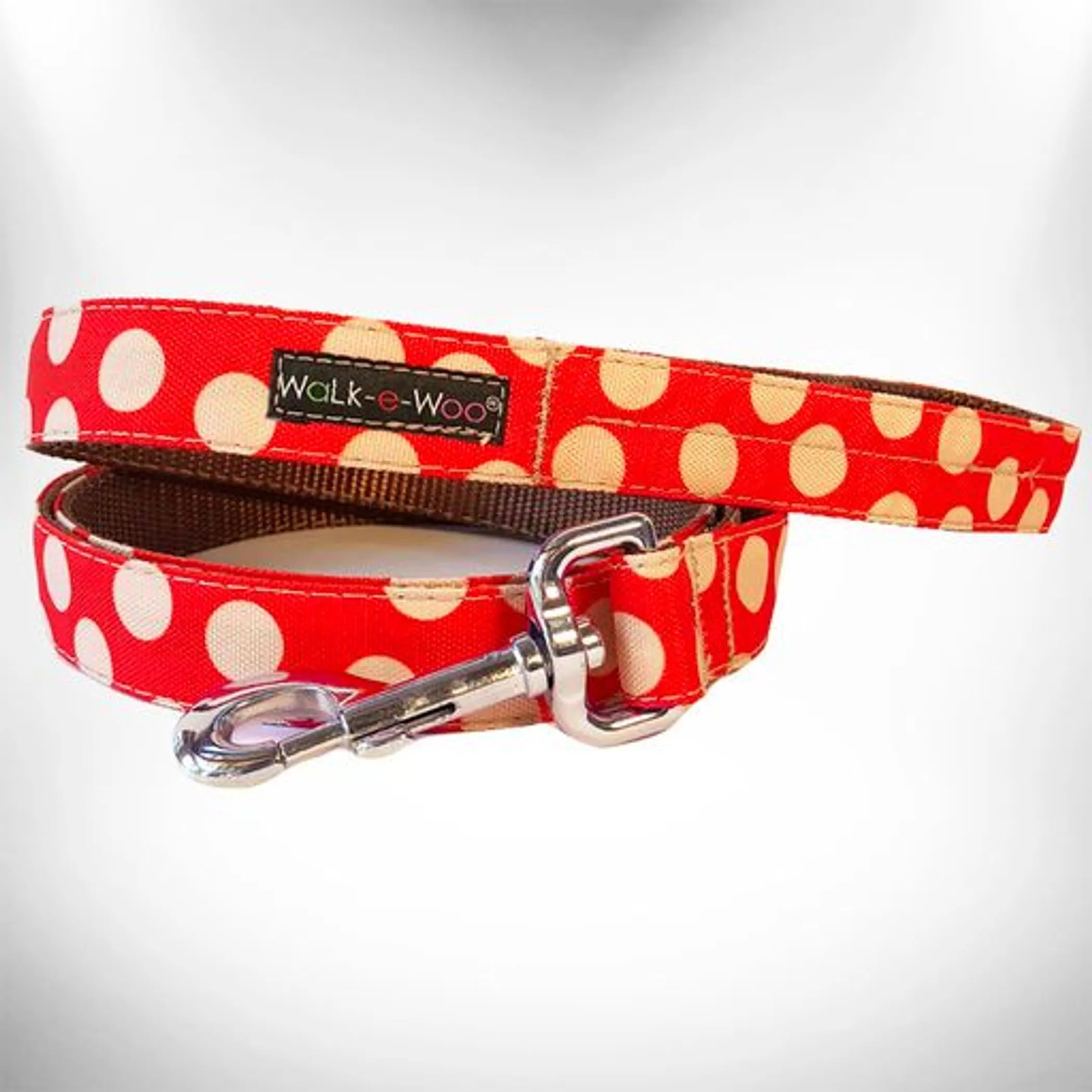 Polka dot dog lead from Walk-e-Woo featuring a colorful fabric leash and a matching collar for small to medium dogs.