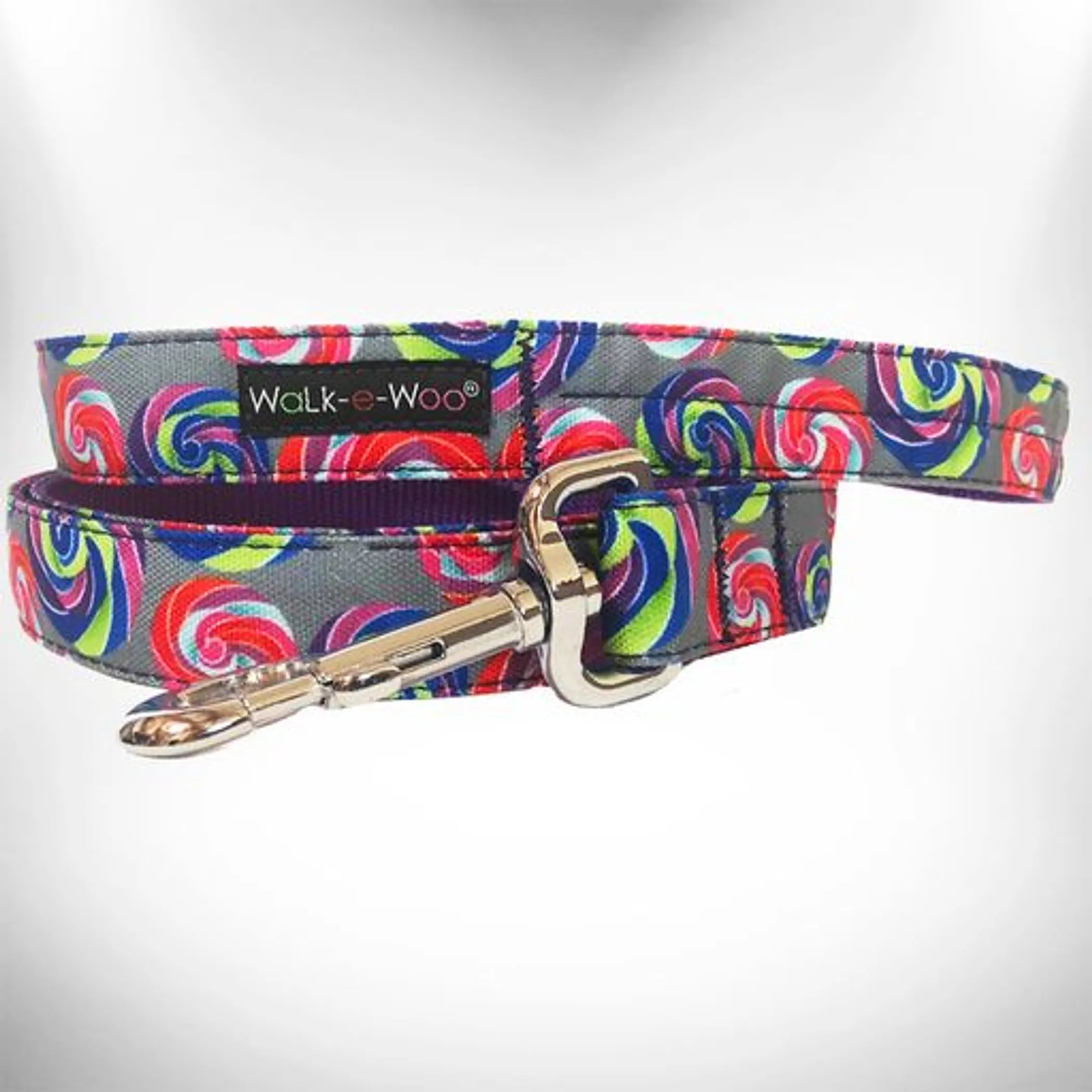 Walk-e-Woo lollipop dog lead, colorful and durable nylon leash for small to medium dogs, featuring a sturdy metal clip.