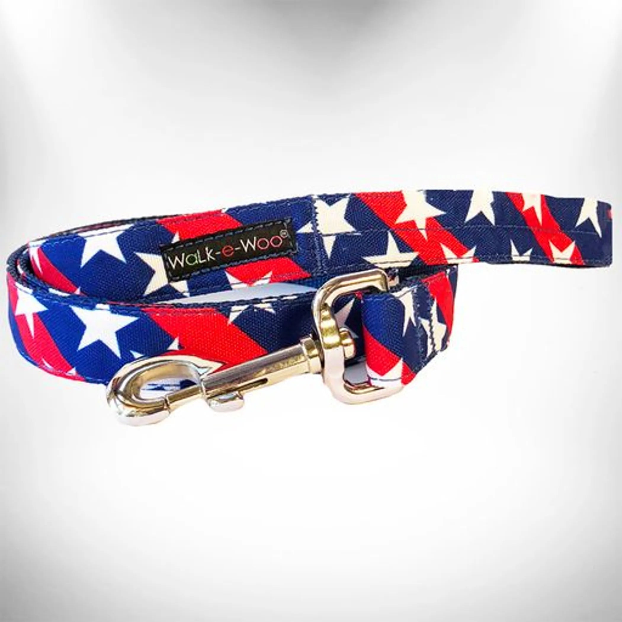 Stars & Stripes dog lead by Walk-e-Woo featuring a patriotic red, white, and blue stars pattern on durable nylon.
