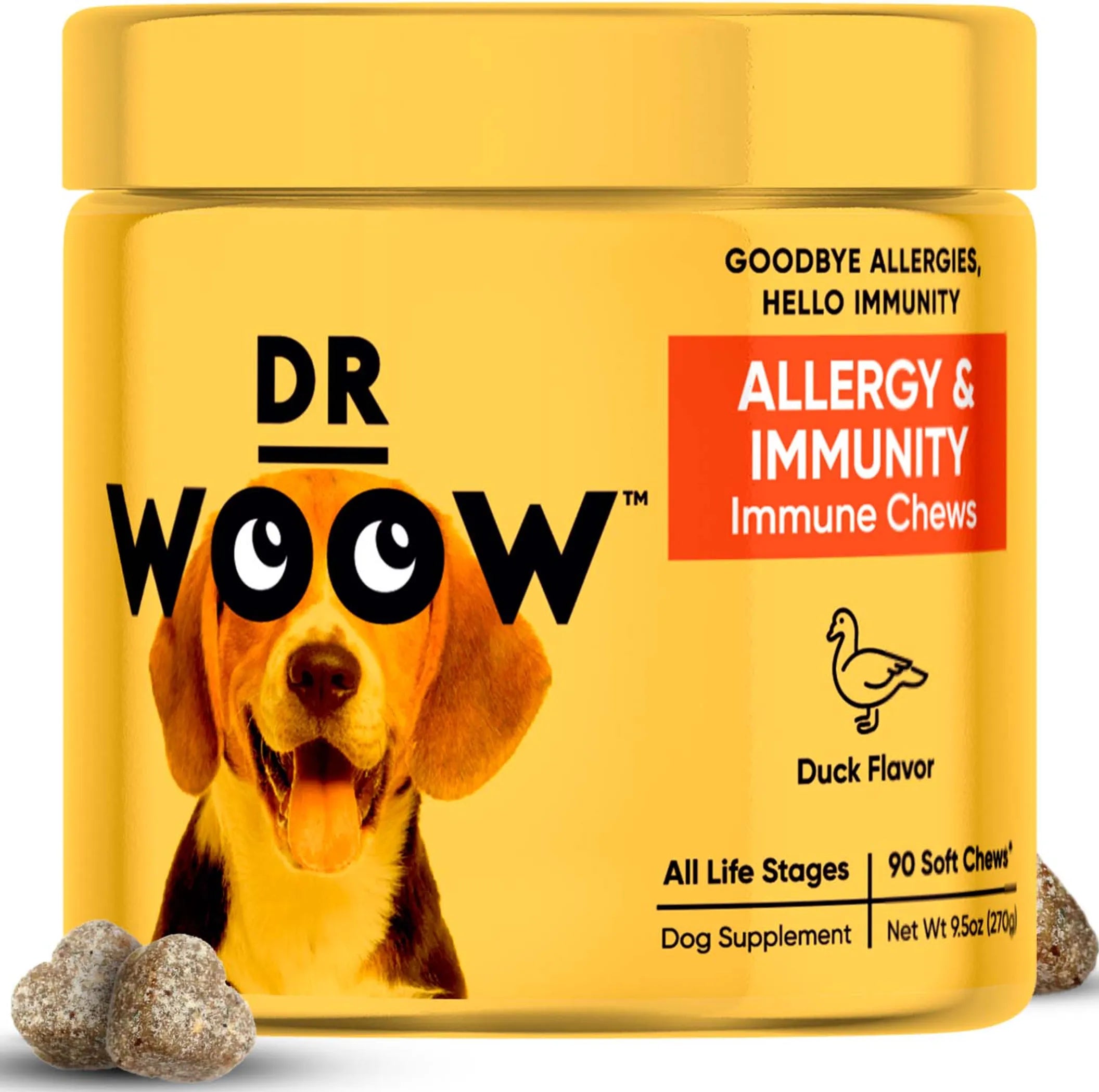 DR WOOW Allergy and Immunity Soft Chews for animals, showing the soft chew supplement with packaging in the background.