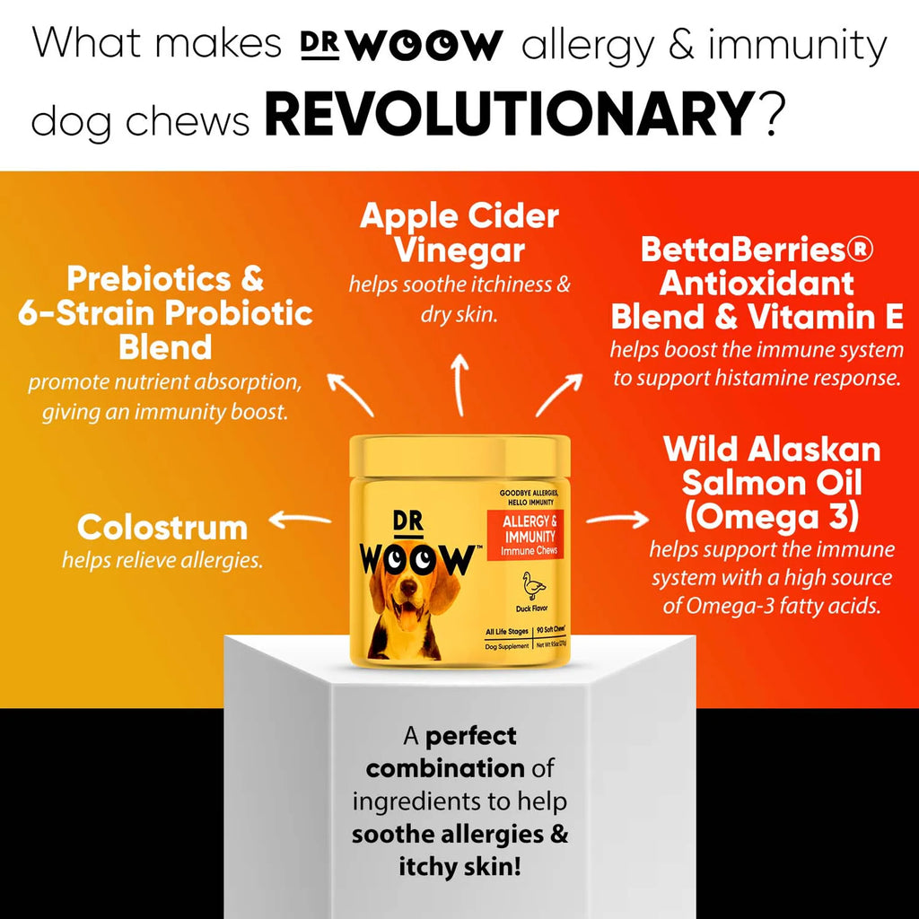 DR WOOW Allergy and Immunity soft chews for pets, animal vitamins and supplements, featuring natural ingredients and soft chew form.