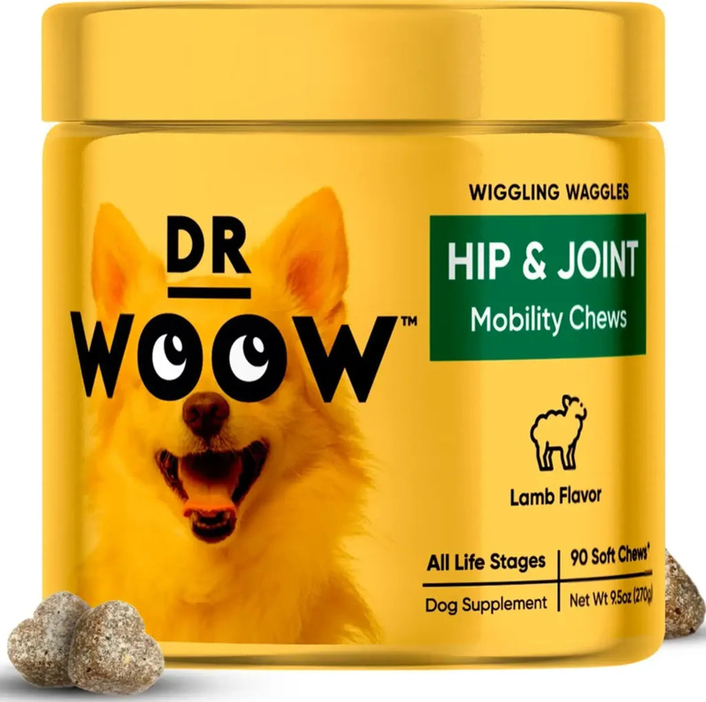 DR WOOW Hip and Joint Support Soft Chews for animals, showing the chew treats in a close-up view.