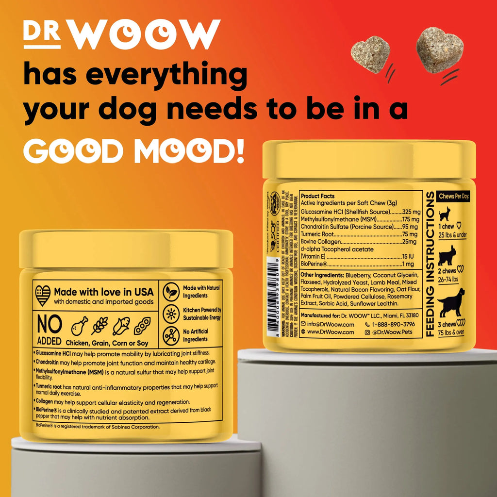DR WOOW Hip and Joint Support Soft Chews for animals, showing the chew treats in a natural setting with packaging.