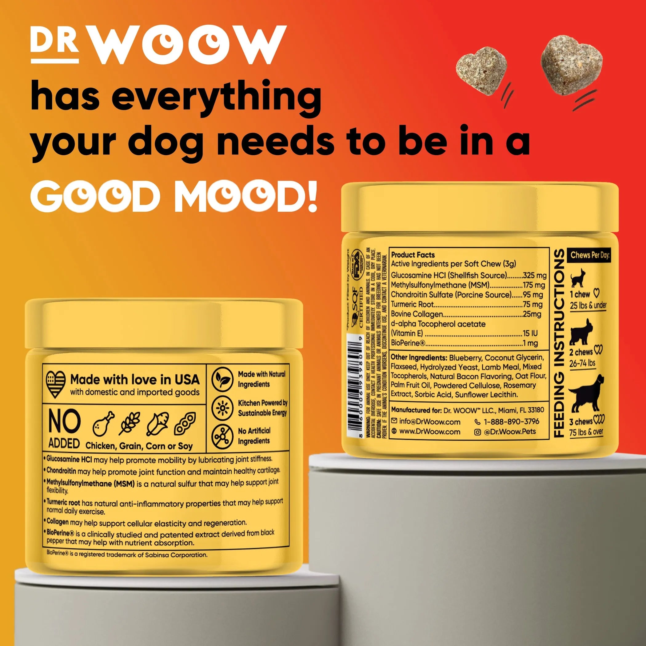 DR WOOW Hip and Joint Support Soft Chews for animals, showing the chew treats in a natural setting with packaging.