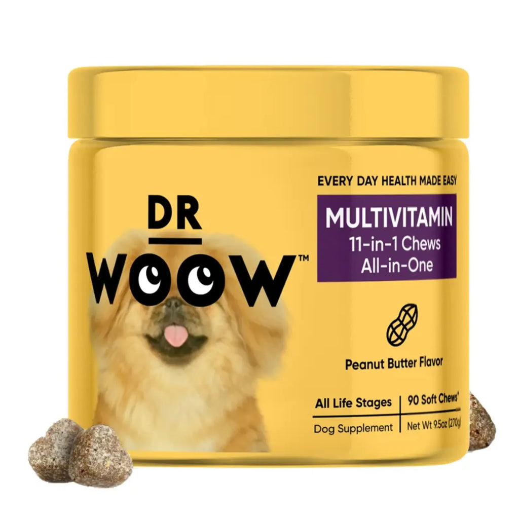 Dog vitamin chews from DR WOOW, 11-in-1 multifunctional animal supplements in colorful, chewable tablets.