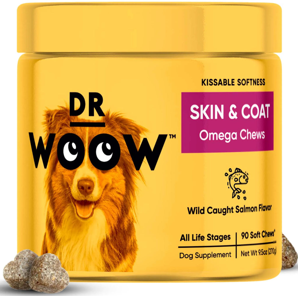 DR WOOW Skin and Coat Soft Chews for animals, showing vitamin supplements for healthy skin and shiny coat.
